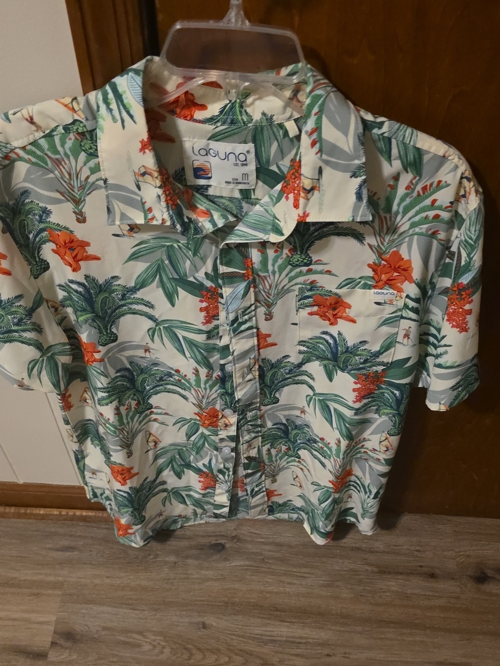 Laguna Men’s Tropical Print Short-Sleeve Shirt - Cream with Green & Orange